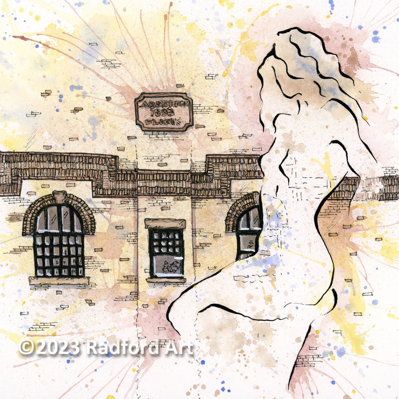 An ink and watercolour illustration showing a female form with a portion of the Aberdeen Block building, by London Ontario artist Cheryl Radford.