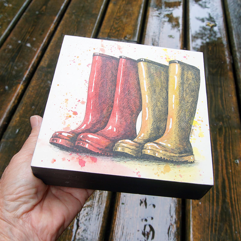 Ink and watercolour illustration of Rain Boots mounted on birch panel.