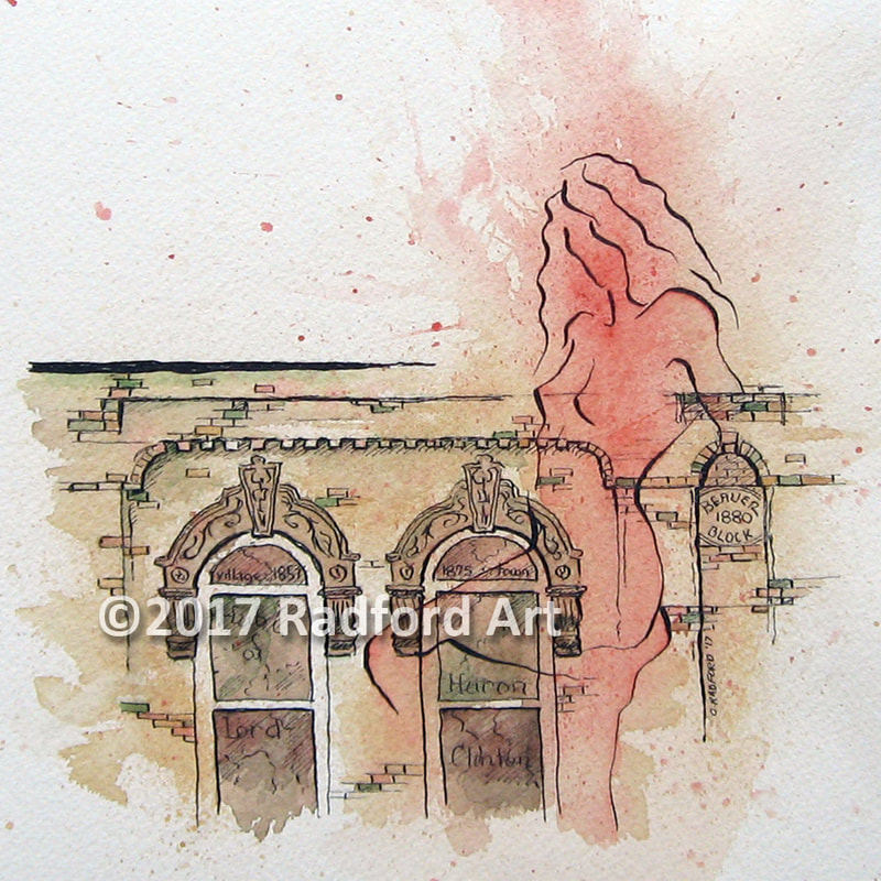 Ink and watercolour illustration of heritage building on the main street of Clinton ON destroyed by fire, with female figure
