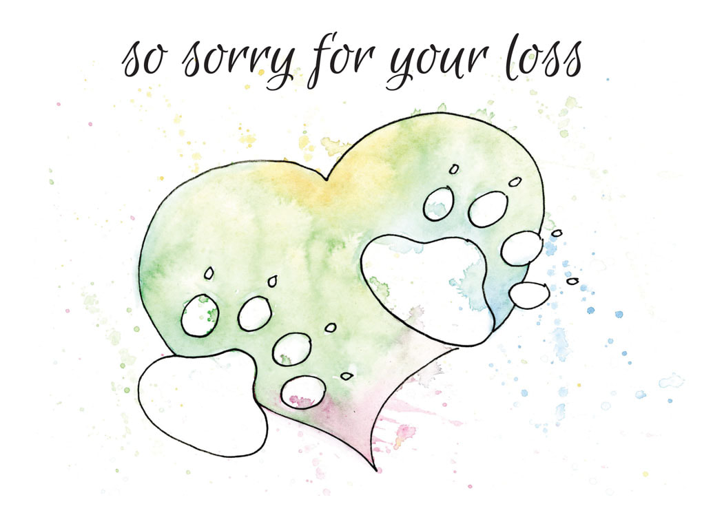 front of greeting card for cat loss "so sorry for your loss" with ink heart design and watercolour splashes
