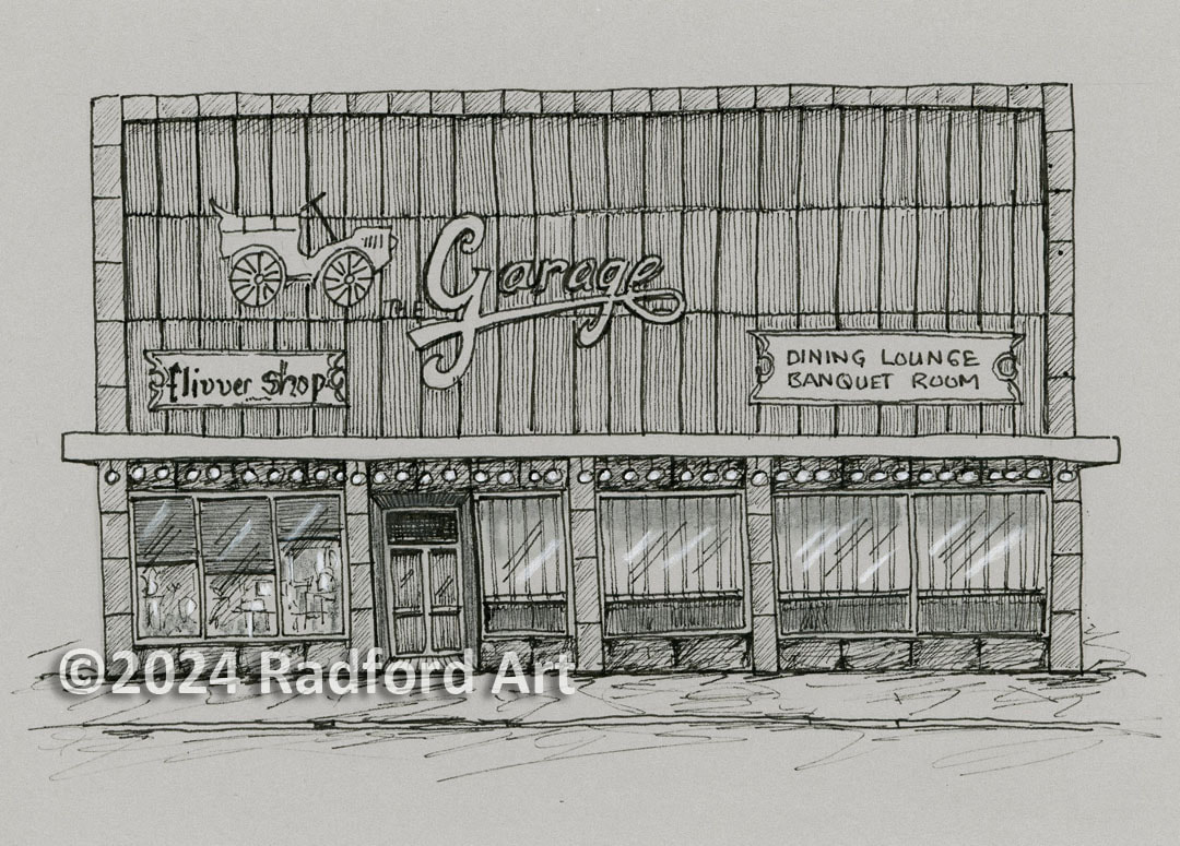 Black and white sketch of The Garage on grey stonehenge paper by London ON artist Cheryl Radford