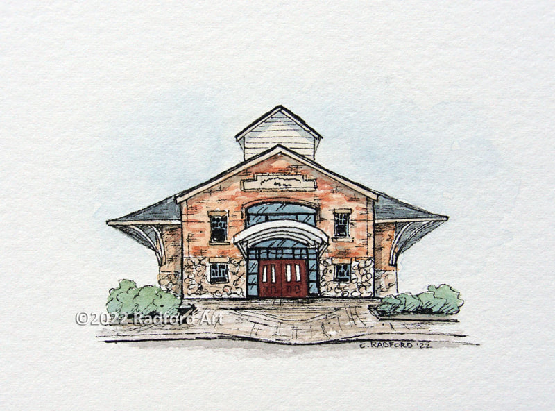 A tiny Illustration of Theatre Woodstock, created with ink and watercolour by London Ontario artist Cheryl Radford.