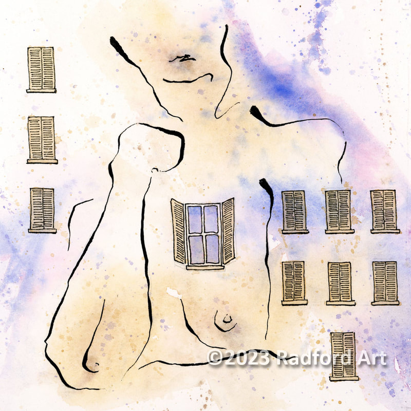 An ink and watercolour illustration of stylized female with historic windows with shutters, by London Ontario artist Cheryl Radford.