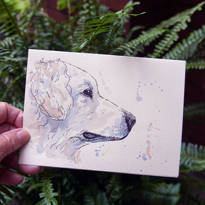 Sample of original dog card by artist Cheryl Radford.