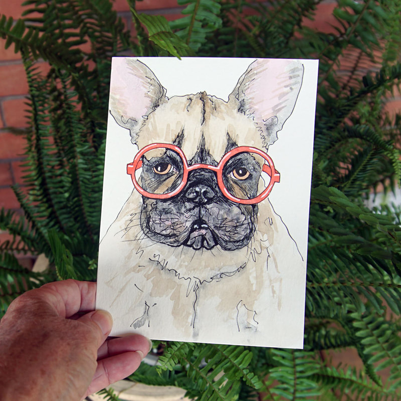 Hand-drawn greeting card of a dog wearing red glasses