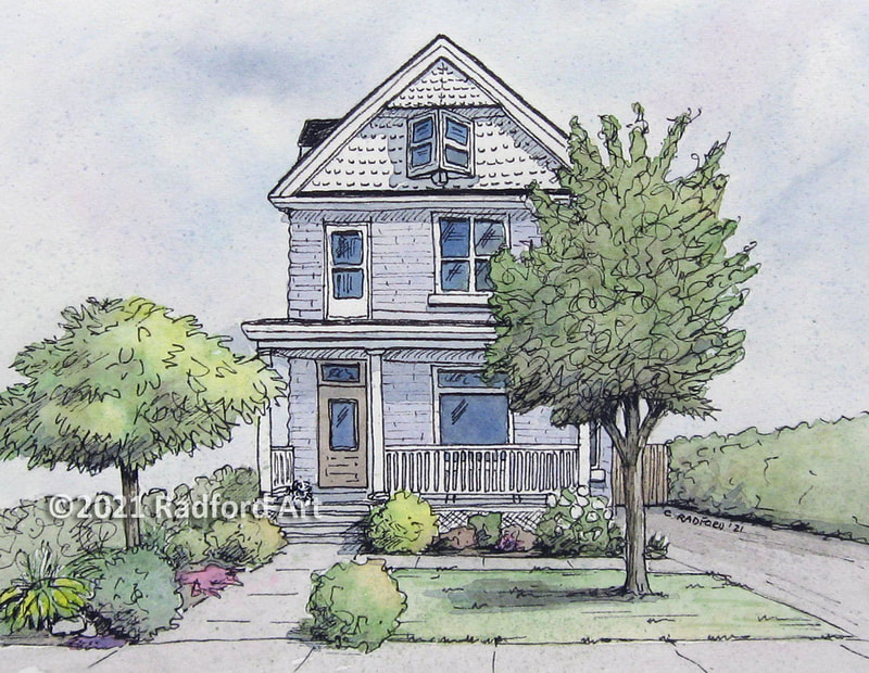 Home portrait of old south home, micron pen with watercolour