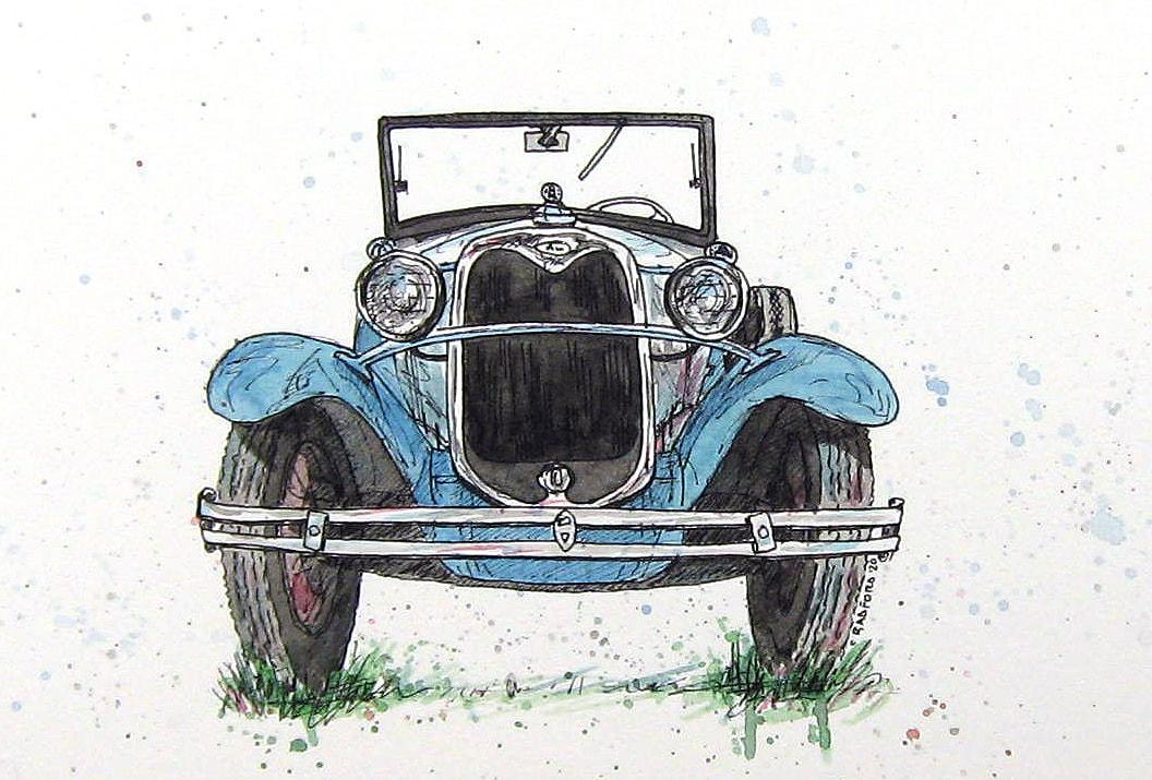 Illustration of a turquoise Model A from front angle