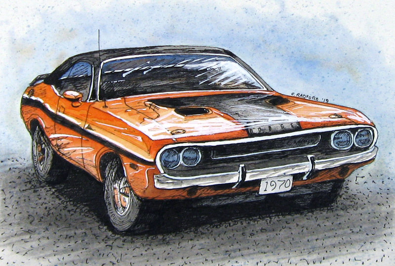 Ink, watercolour and gouache illustration of a 1970 challenger, orange with black panel on hood