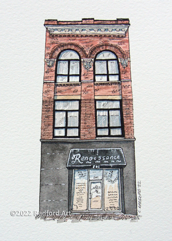 An ink and watercolour illustration of 201 Dundas Street in London Ontario.