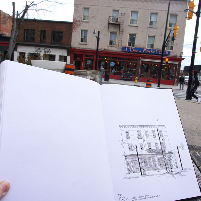Sketch of the southeast corner of Talbot and King Streets, London Ontario: J-Dees Market Grill
