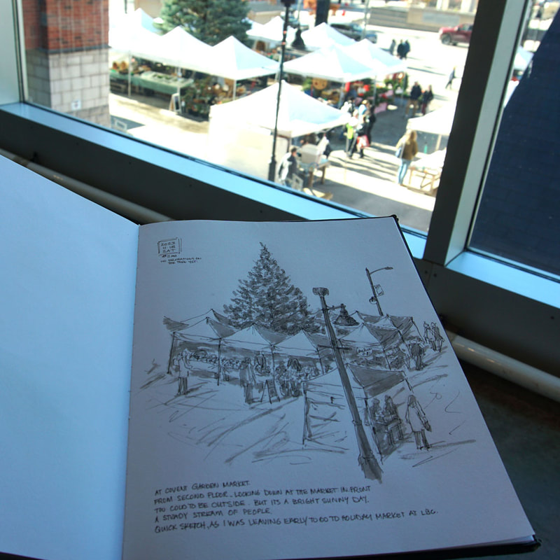 Urban Sketch from second floor of Covent Garden Market, London ON.