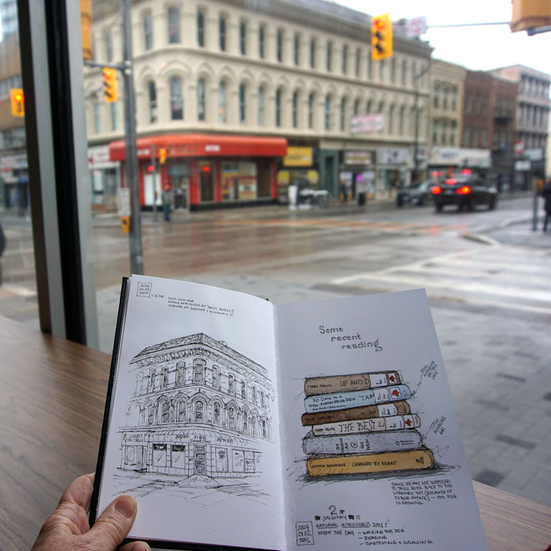 An urban sketch while enjoying a coffee in downtown London, ON of the historic building on  the SE corner of Richmond and Dundas Street.
