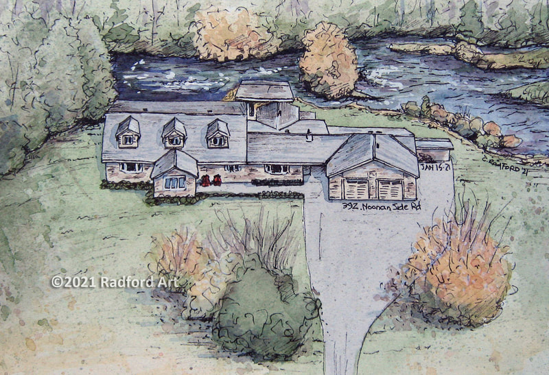 Custom home commission - ink and watercolour