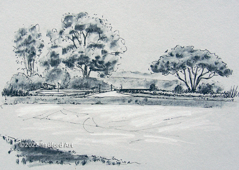 Drawing of Hole No 17 at Greenhills Golf Course, using handmade charcoal made from sticks picked up on 18th hole.