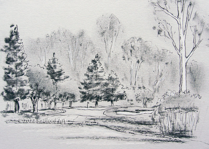Drawing of Hole No 3 at Greenhills Golf Course, using handmade charcoal made from sticks picked up on 18th hole.
