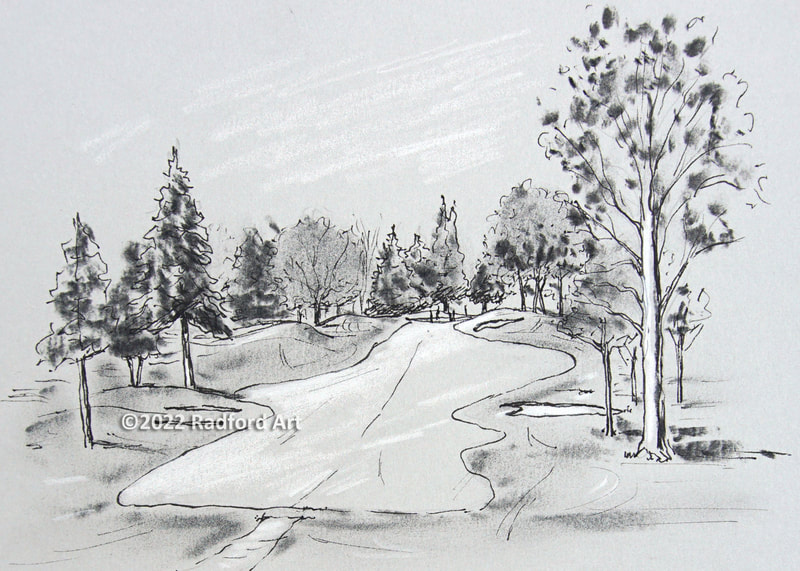 Drawing of Hole No 7 at Greenhills Golf Course, using handmade charcoal made from sticks picked up on 18th hole.