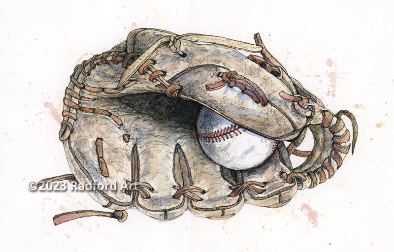 Ink and watercolour illustration of a baseball glove with a ball