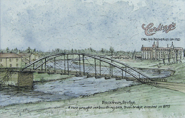 A small illustration of Blackfriars Bridge with Carlings Brewery in the background, by London ON artist Cheryl Radford.