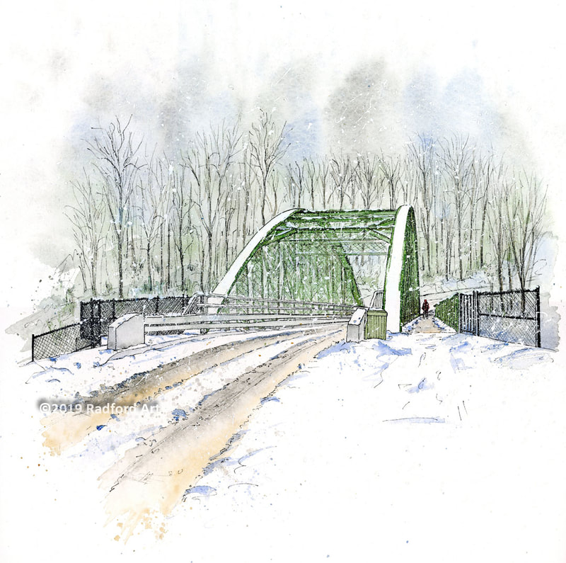 Illustration of the historic Blackfriar's Bridge in London Ontario by local artist Cheryl Radford.