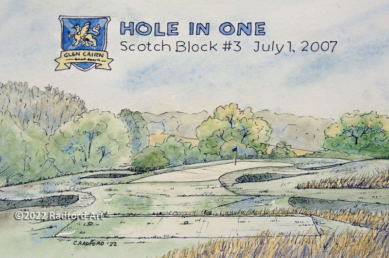 Ink and watercolour illustration of Cheryl Radford’s hole in one at Club links' - Glen Cairn, Scotch Block #3.