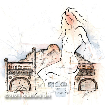 Ink and watercolour illustration of human form on Capitol Theatre, Woodstock
