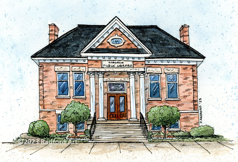 An ink and watercolour illustration of the Carnegie Public Library in Seaforth Ontario.