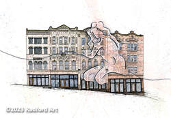 Ink and watercolour illustration of a historic block in Cincinnati with human form.