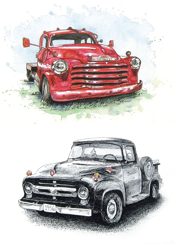 Greeting card featuring classic trucks