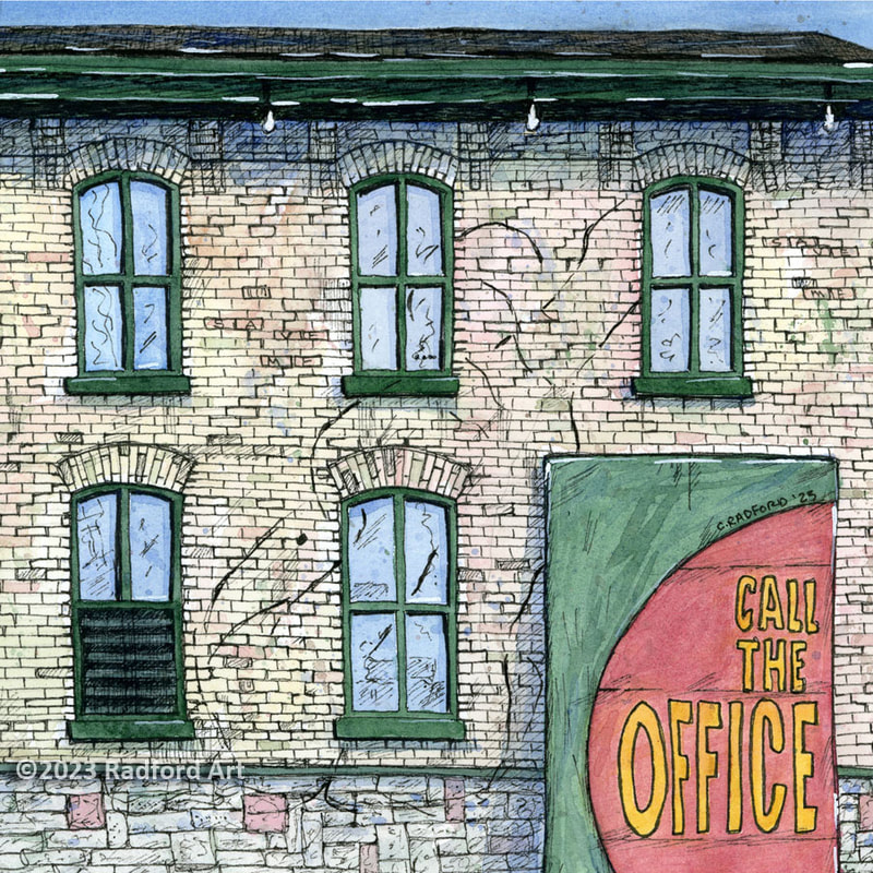 An ink and watercolour illustration of Call the Office with a faint figure showing in the facade, by London Ontario artist Cheryl Radford.