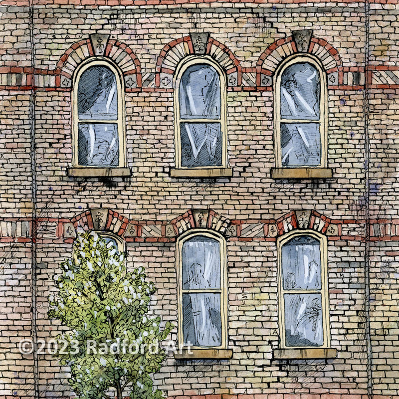 Ink and watercolour illustration of a dichromatic brick facade in St. Thomas, Ontario.