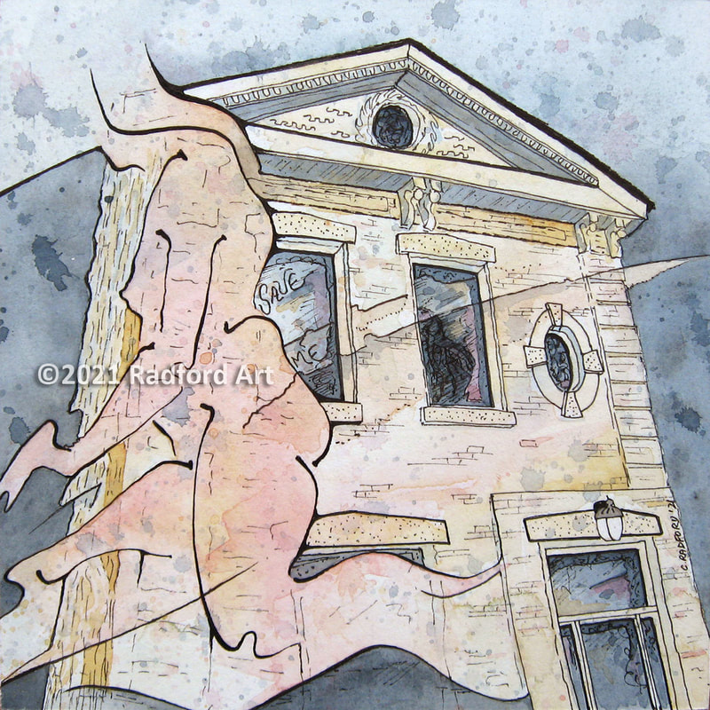 Ink and watercolour illustration of heritage building on Dufferin Ave in London ON with female image
