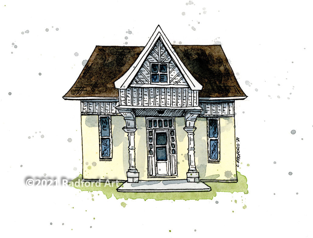 Ink and watercolour illustration of Elsie Perrin WIlliams - Gatehouse (Save Me) 3.5x6inElsie Perrin WIlliams - Gatehouse (Save Me)  ©2021 