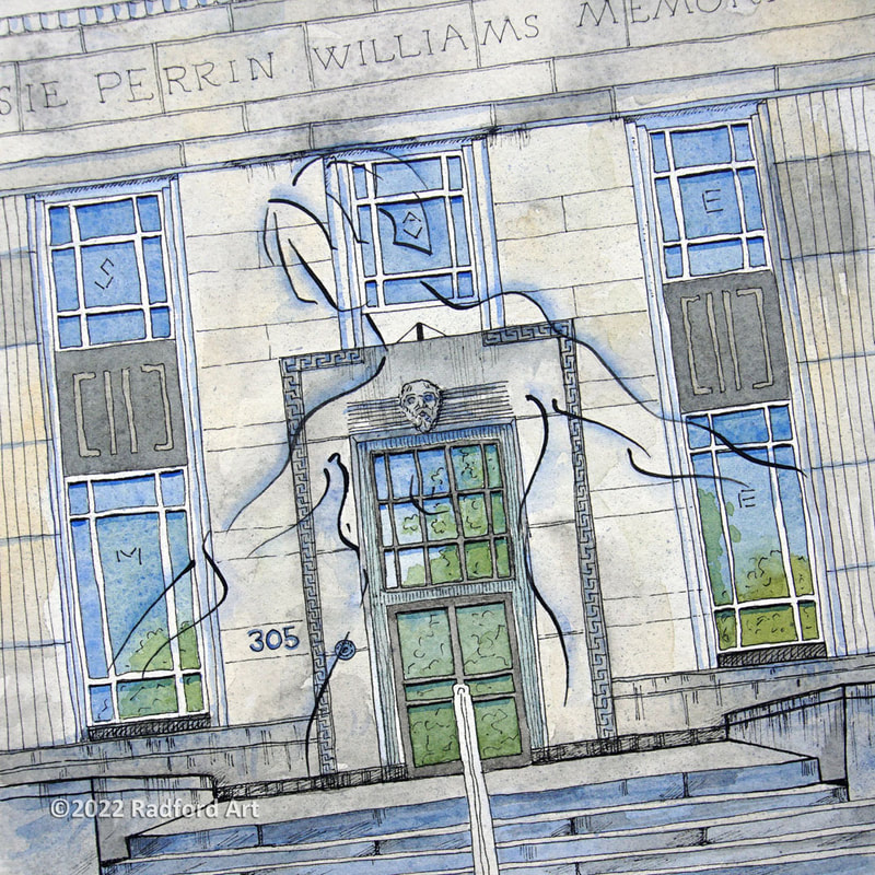 Ink and watercolour illustration of the Elsie Perrin Williams (old Library) with figure protecting the historic old building, by London ON artist Cheryl Radford.