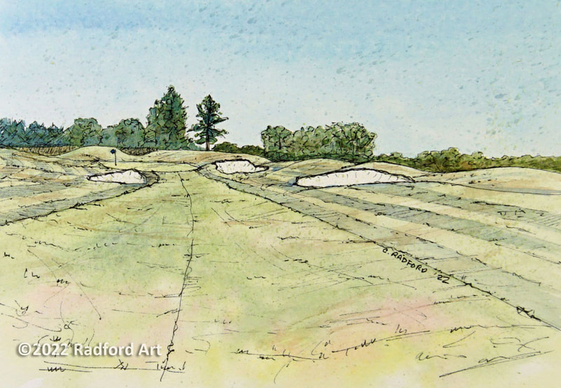 nk and watercolour Illustration of hole no 1 at Forest City National Golf Club.