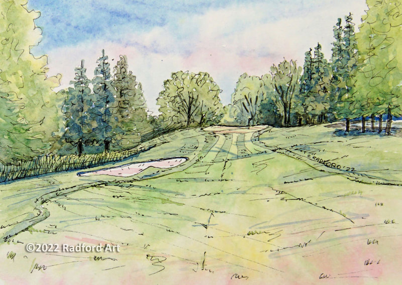 nk and watercolour Illustration of hole no 16 at Forest City National Golf Club.