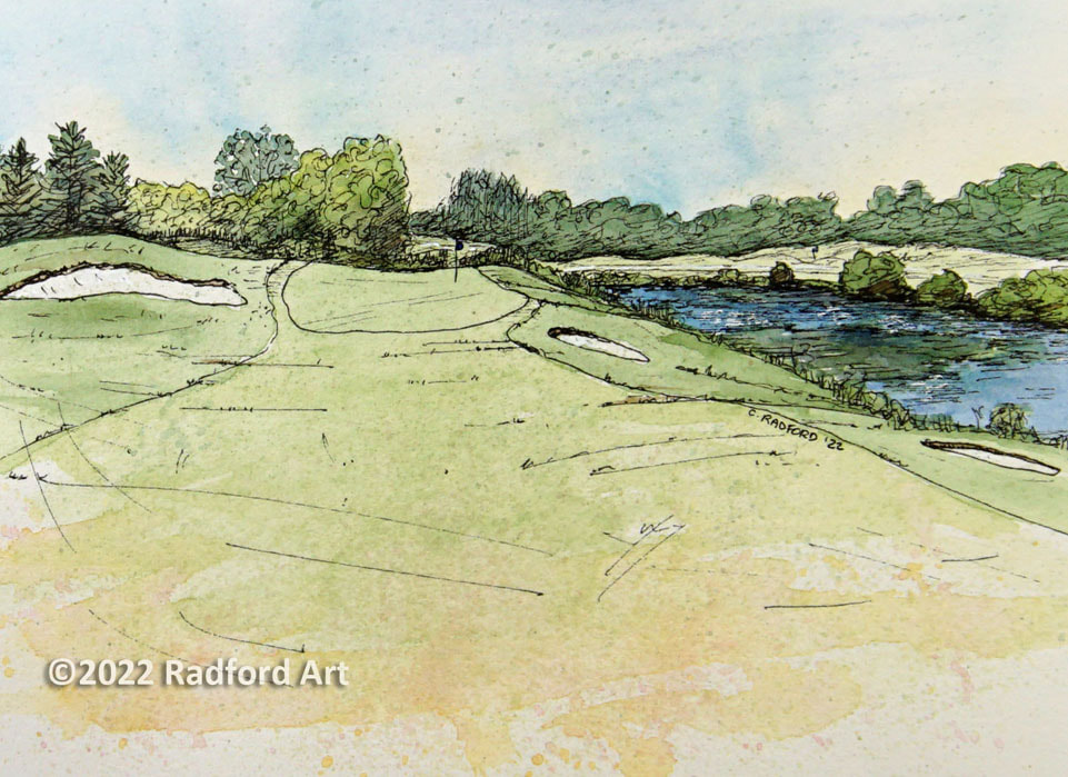 nk and watercolour Illustration of hole no 3 at Forest City National Golf Club.