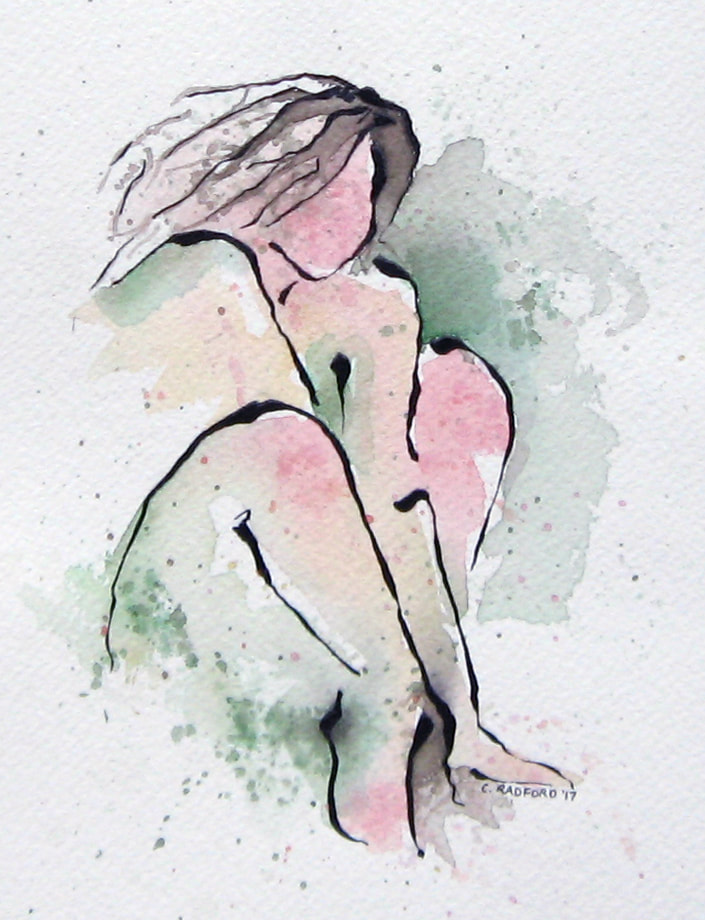 A female form painted in green and pink watercolour and india ink lines.