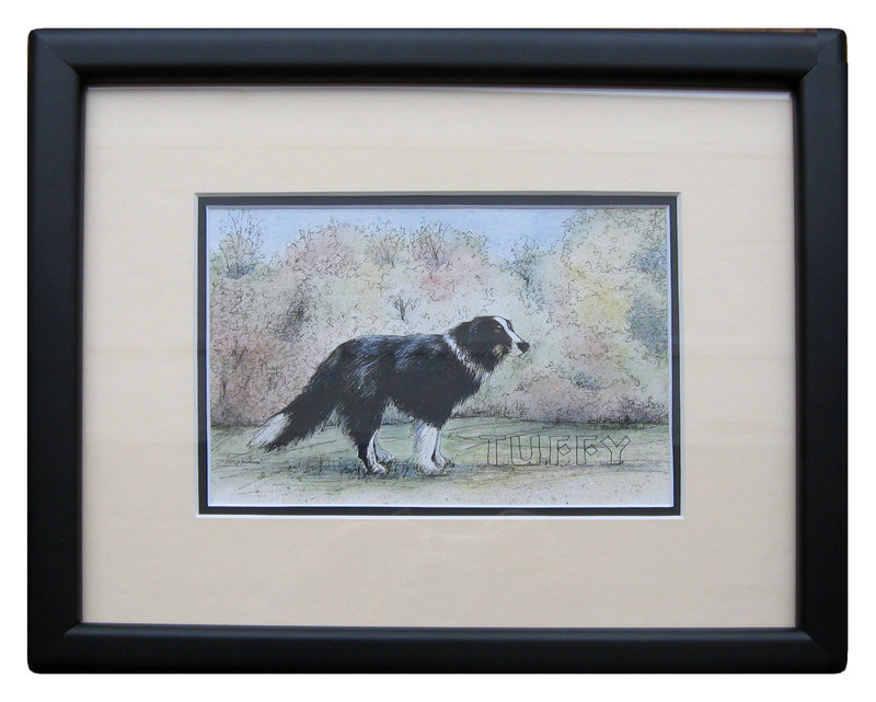 Handpainted portrait of Tuffy, Ink and watercolour, framed in black