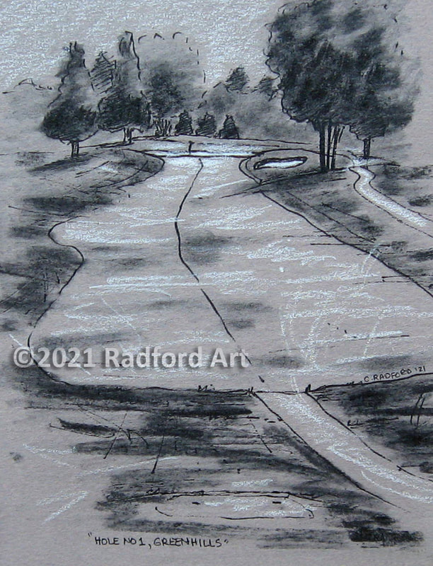 Drawing of Hole No 1 at Greenhills Golf Course, using handmade charcoal made from sticks picked up on 18th hole.