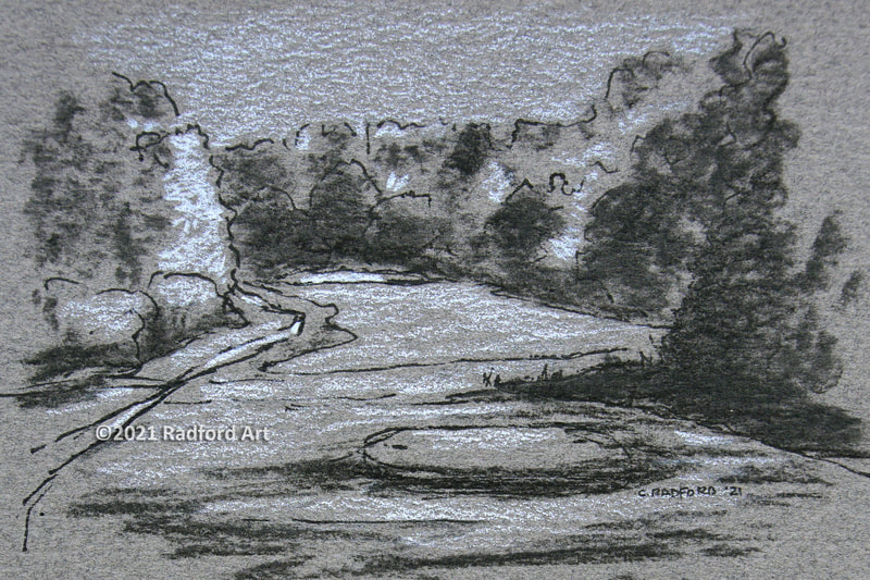 Drawing of Hole No 10 at Greenhills Golf Course, using handmade charcoal made from sticks picked up on 18th hole.