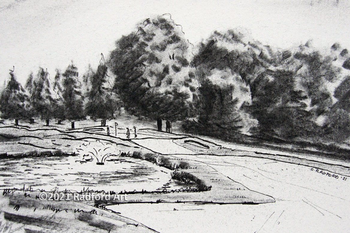 Drawing of Hole No 18 at Greenhills Golf Course, using handmade charcoal made from sticks picked up on 18th hole.