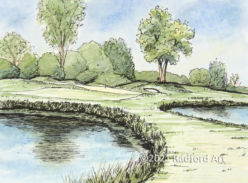 Ink and watercolour illustration of hole no 13 at Greenhills Golf Course