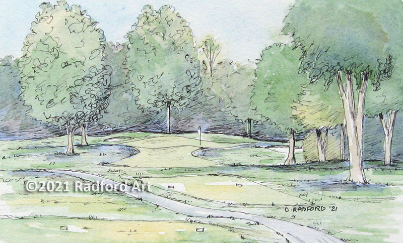 Ink and watercolour illustration of hole no 6 at Greenhills Golf Course