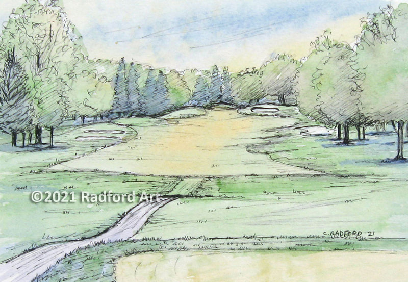 Ink and watercolour illustration of hole no 7 at Greenhills Golf Course