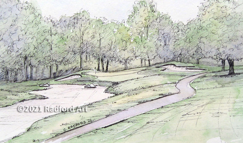 Ink and watercolour illustration of hole no 12 at Greenhills Golf Course