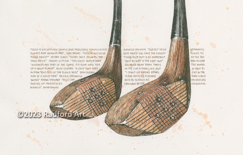 Illustration of 2 old wood clubs, with famous golf sayings