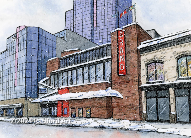 Winter illustration of the Grand Theatre in downtown London by artist Cheryl Radford