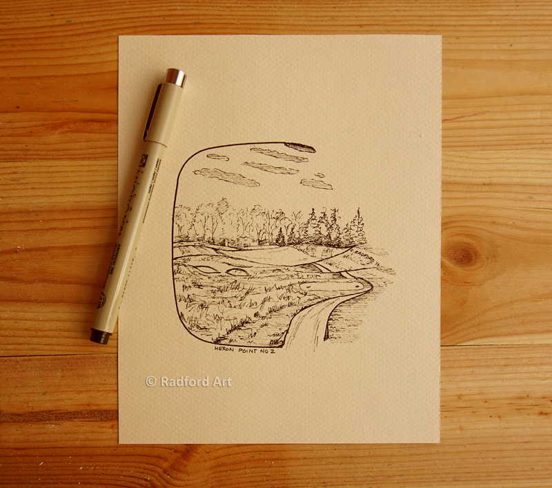 Heron Point inspired golf illustration using micron pen on coloured paper