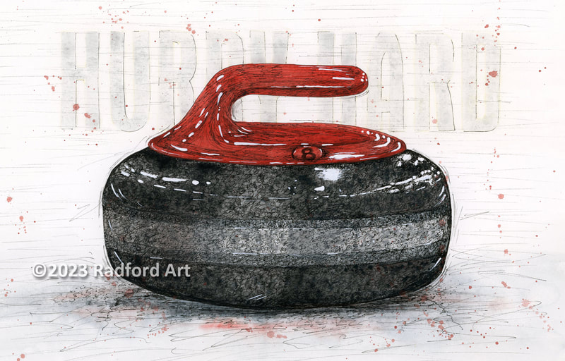 Ink and watercolour illustration of a curling rock with words "hurry hard" faintly in the background.  