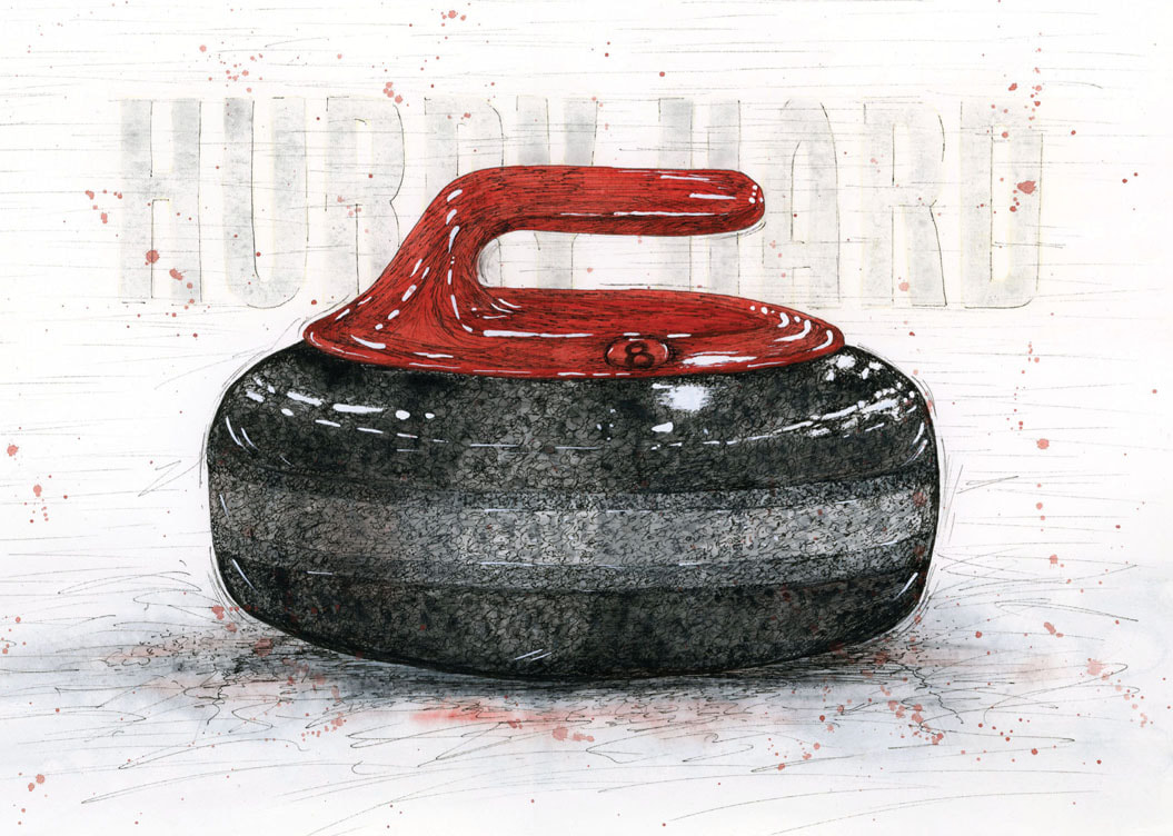 Greeting Card, blank inside showing a curling rock and says HURRY HARD in the background.